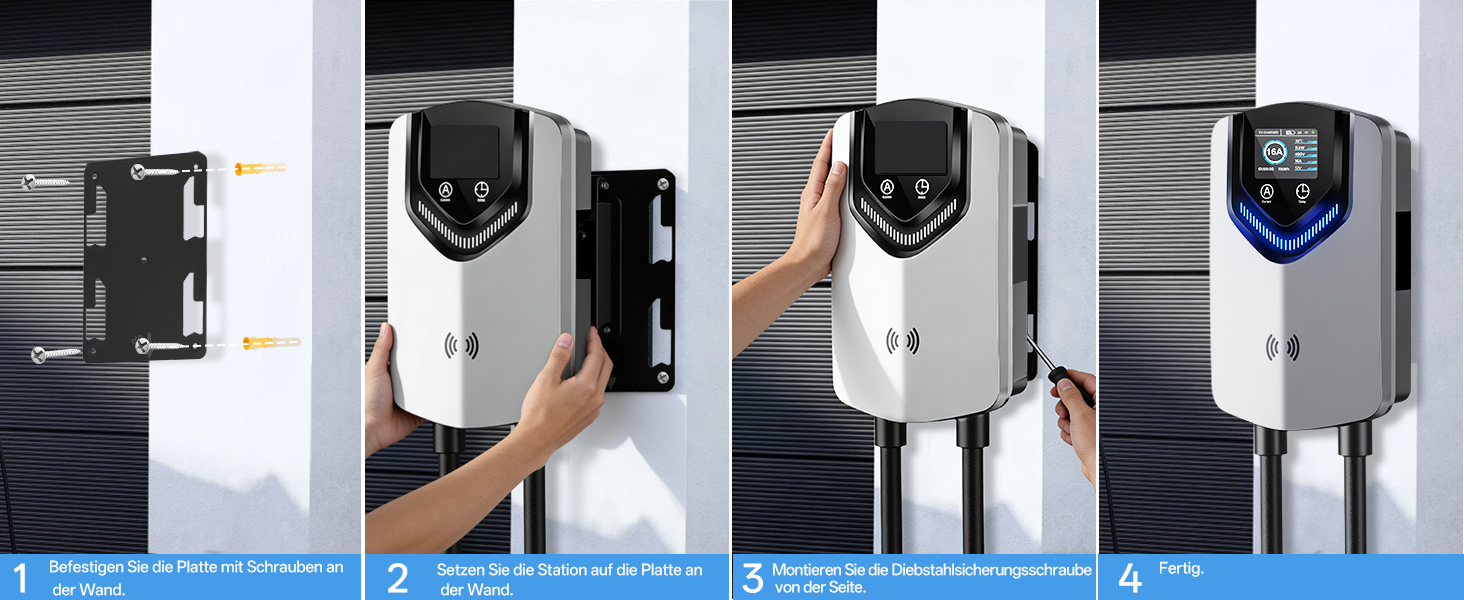 Wallbox 11 кВт з APP та RFID – Зарядний пристрій для електромобілів Typ 2 400V, 6-16A, кабель 8м з тримачем, RCD Typ B, IP54, програмування часу – для BEV/PHEV