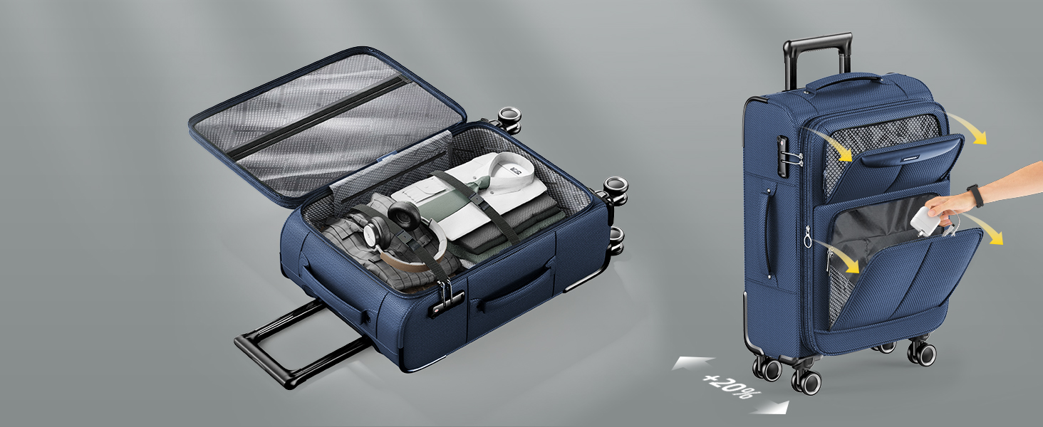 Набір валіз SHOWKOO 3 шт. з м'якою шкаралупою, розширюваний, легкий, міцний, з TSA замком та 4 колесами (1 шт. - блакитний)