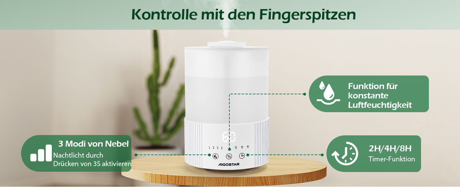 Зволожувач повітря Aigostar 2.5L з нічним світлом, 28dB, 3 режими, аромадифузор, для дитячої кімнати, рослин, немовлят
