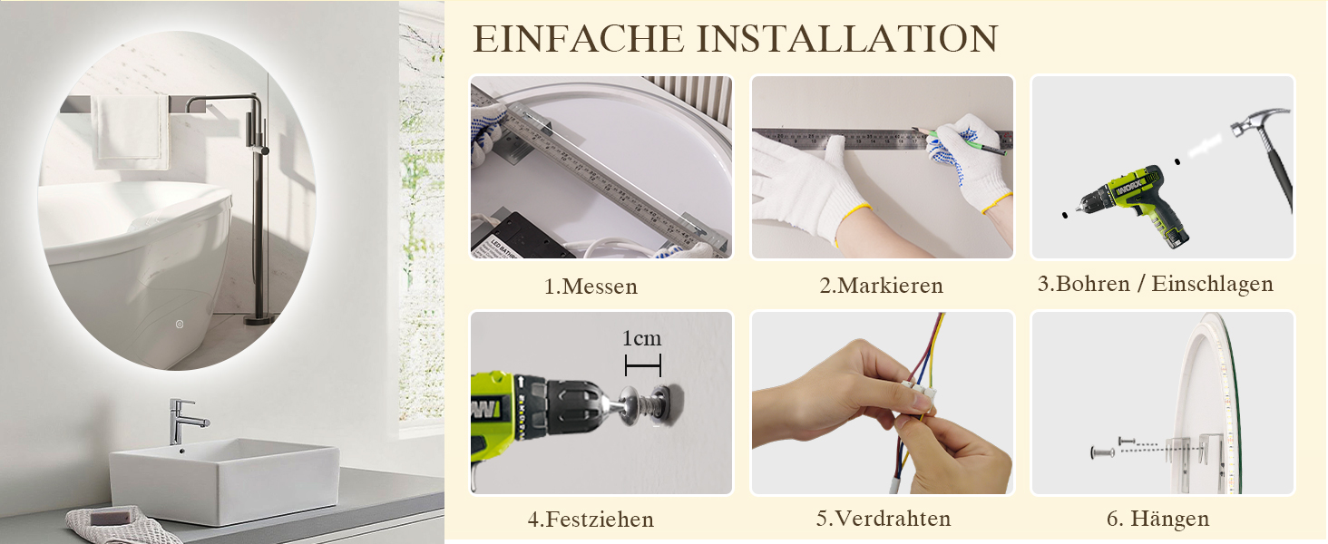 Дзеркало для ванної кімнати з підсвічуванням LED, антизапотівання, сенсорне управління, регулювання яскравості, 3 кольори світла, функція пам'яті, захист від вибуху, кругле дзеркало 50 см (діаметр), 60x60 см (розміри)