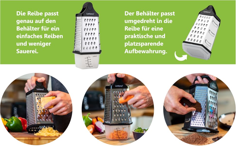 Тертка Lantana 6-стороння з контейнером - ручна тертка/хоботель/подрібнювач. 6 незамінних функцій для кухні: грубе, середнє, дрібне та мікро-терття/стругання/подрібнення.