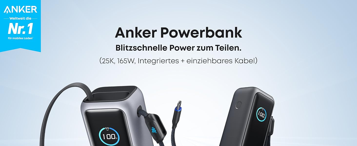 Powerbank Anker 25000mAh 165W з USB-C, 3 порти USB-C (100W), вбудований кабель, для iPhone, MacBook, Samsung та інших пристроїв (Чорний)