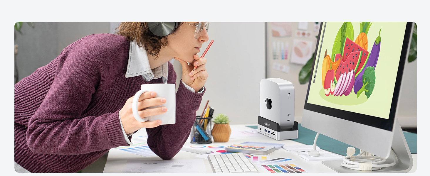 ORICO MiniDock: Док-станція та підставка для Mac mini M4/M4 Pro з корпусом для NVMe SSD, хаб USB-C з 4K HDMI, DisplayPort, SD/TF 3.0, USB-C/A 10Gbps, PD 100W - VS10 (6-in-1, 2TB)