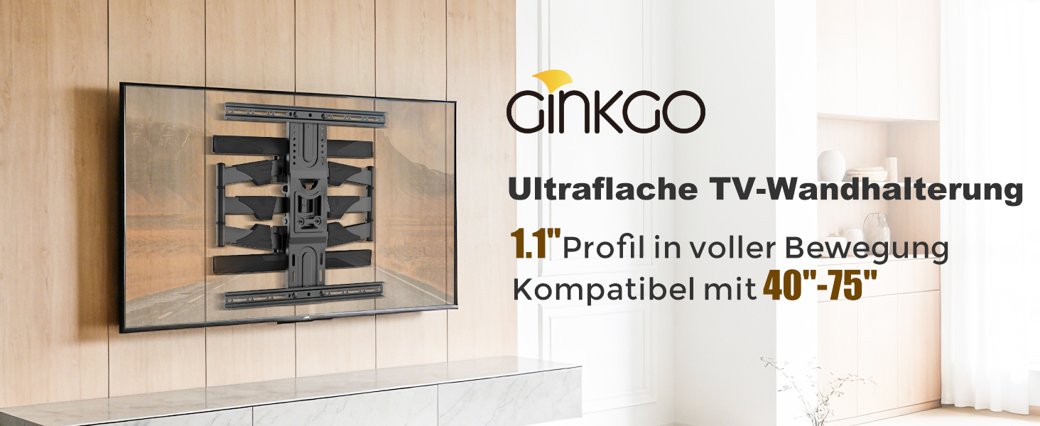 Настінне кріплення для телевізора GINKGO TV Wandhalterung 40-75 дюймів, ультратонке (1.57 см), поворотне, з нахилом, VESA 600x400, до 45 кг