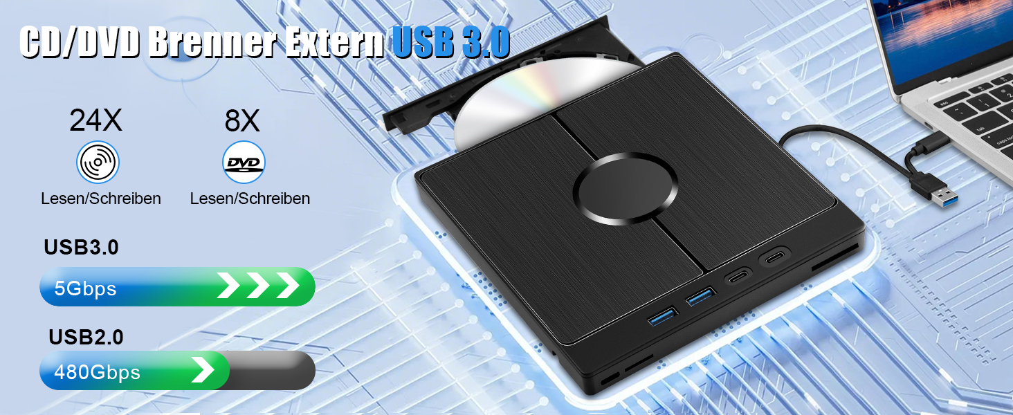 Зовнішній CD/DVD привід USB 3.0 Type-C з картридером SD/TF, портативний CD/DVD записувач для ноутбука, ПК, MacBook (Windows, macOS, Linux)