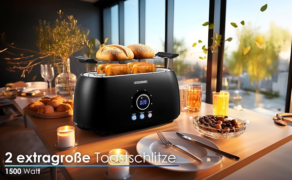 Тостер XXL з 4-ма відділеннями та підставою для бургерів | Чорний колір | Цифровий дисплей | Автоматичне вимкнення