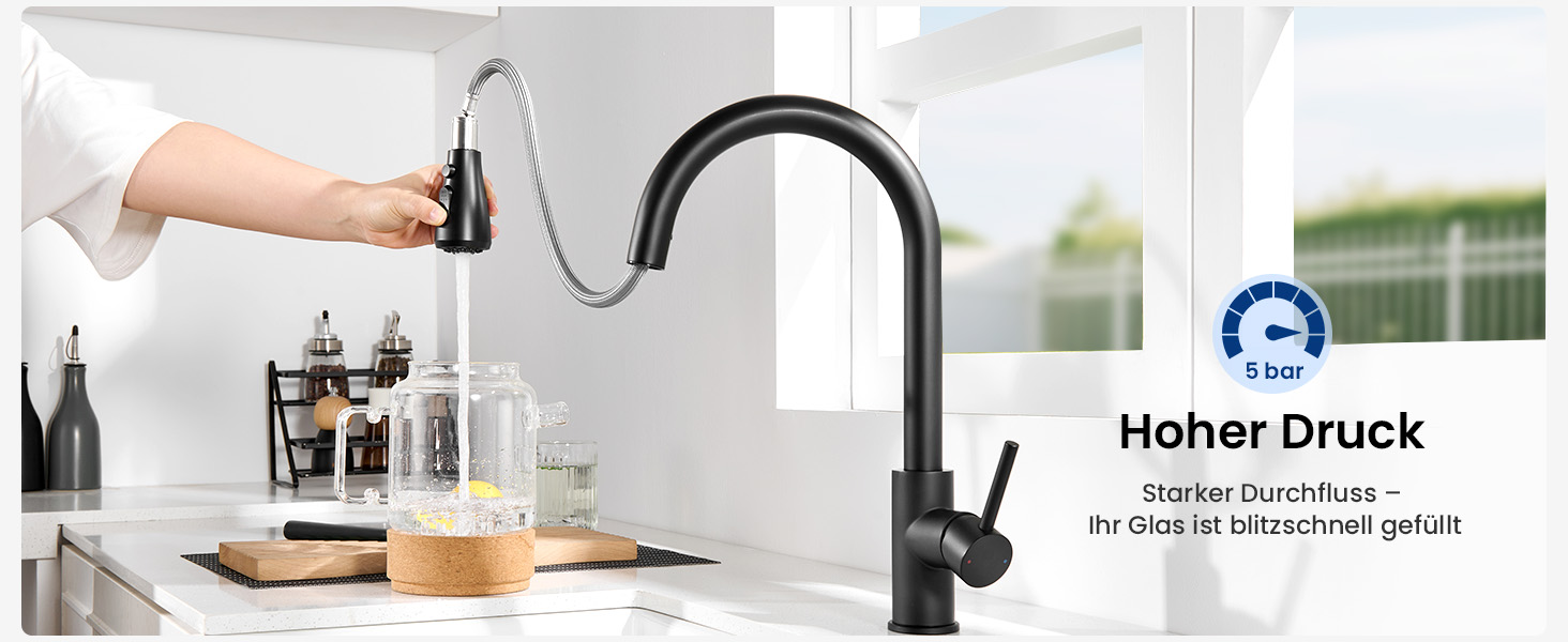 Кран кухонний CECIPA з 3 режимами, висувний, поворотний 360°, з високим виливом, з нержавіючої сталі, чорний