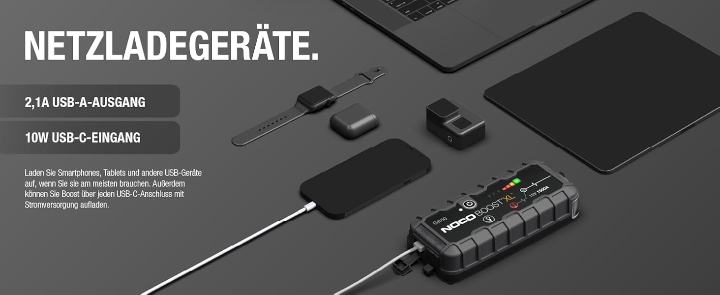 Портативний пусковий пристрій NOCO Boost GB50: 1500A UltraSafe Powerbank - 12V літієвий стартер з кабелями для бензинових двигунів до 7.0L та дизельних до 4.5L