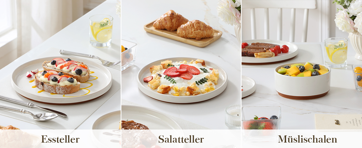 Набір посуду MALACASA з каменю (18 предметів) для 6 осіб, керамічний сервіз з глазур'ю 'сезам', білий з коричневим дном, набір тарілок та мисок