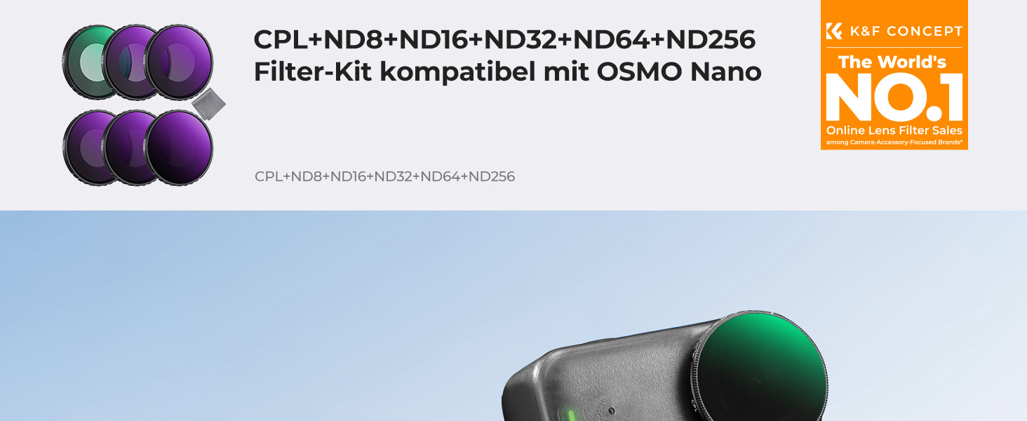 Набір світлофільтрів K&F Concept ND8, ND16, ND32, ND64, ND256 та CPL для DJI Osmo Nano — набір нейтрально-сірих фільтрів з HD-скла та алюмінієвою рамою, FD151