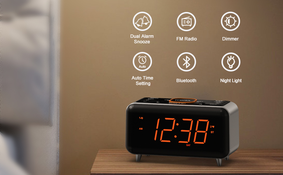 iTOMA радіобудильник з Bluetooth, FM-радіо, App-керуванням, подвійним будильником, 4 режимами, димером, нічником, USB-зарядкою, модель CKS208