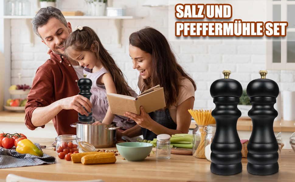 Набір для солі та перцю, ручні млини для перцю та солі, чорний колір, дерев'яні, з регульованою керамічною жорною (від дрібного до грубого помелу), 6,5 дюймів, для морської солі, чилі, грубої солі, матовий чорний, 2 шт.