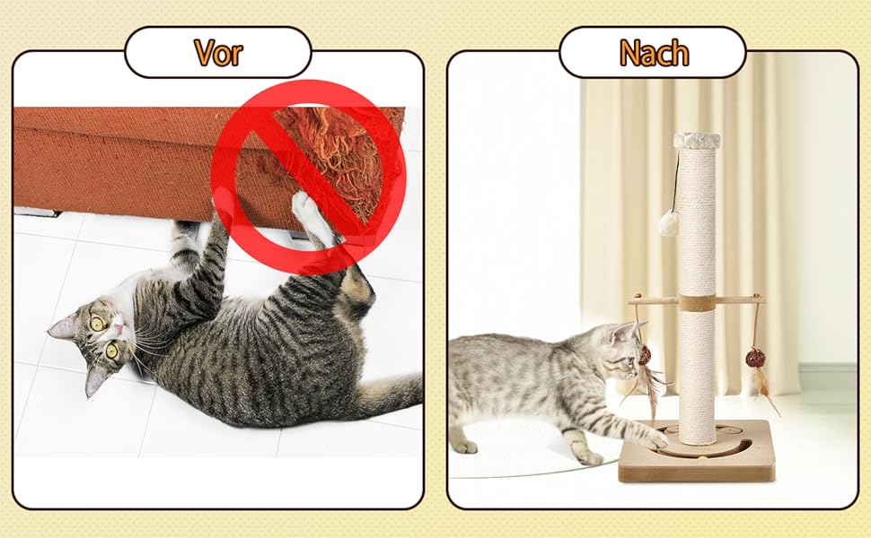 Котяча кігтеточка AUSCAT з іграшками, 63 см, бежева. Кігтеточка-стовп з натурального сизалю в сучасному дизайні