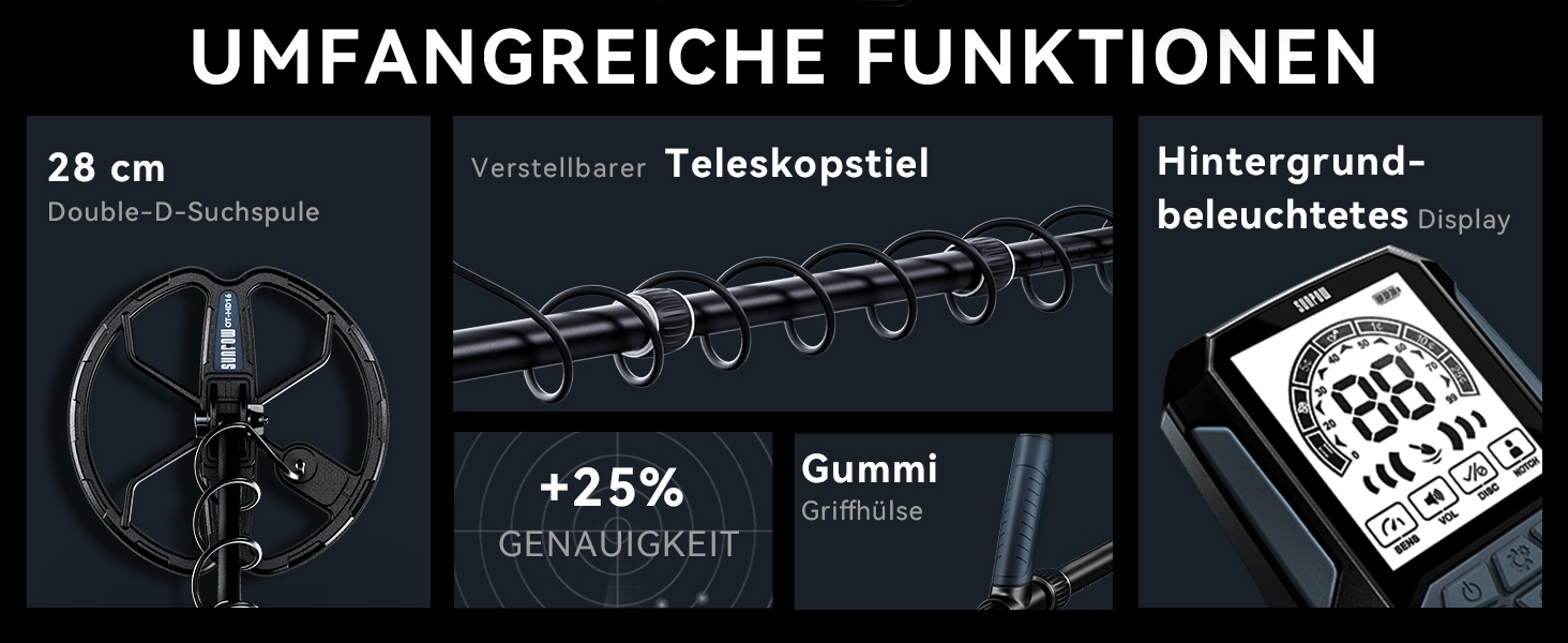 Металошукач SUNPOW для дорослих – водонепроникний, з лопатою, рюкзаком та навушниками, IP68, 11' Dual-D, 35h Li-Akku, 10 рівнів чутливості, 4 режими пошуку, 7-Metall ID, A-Schwarz