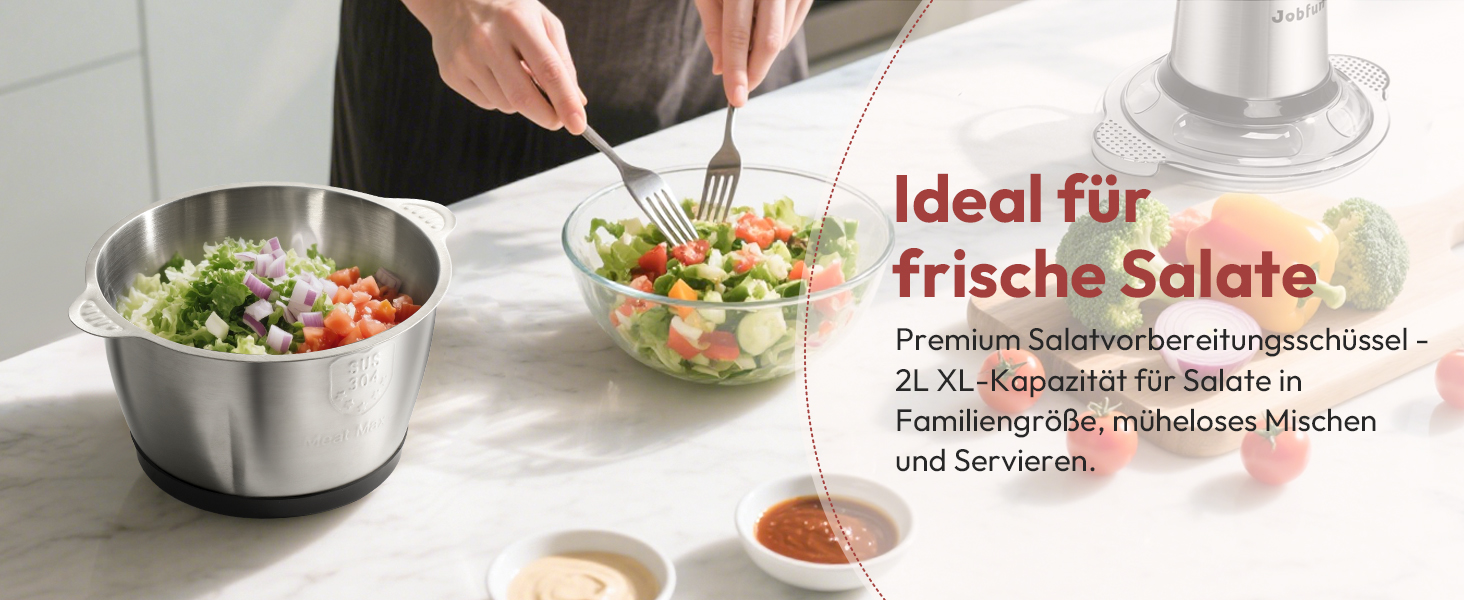 Електричний подрібнювач Jobfun 2L з нержавіючої сталі, 2 швидкості, мультиподрібнювач, м'ясорубка, подрібнювач для м'яса, цибулі, овочів (сірий)