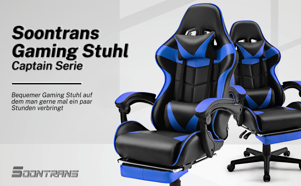 Геймерське крісло Soontrans CK001 Racing: з підставкою для ніг, подушкою для шиї та попереку, підлокітниками, функцією відкидання, для стрімінгу Xbox (Синій)