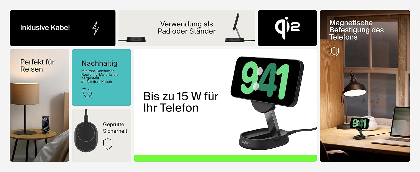 Беспроводная зарядная станция Belkin BoostCharge Pro 15W Qi2, MagSafe, для iPhone 16/15/14/13/12, з адаптером 20W (чорний)