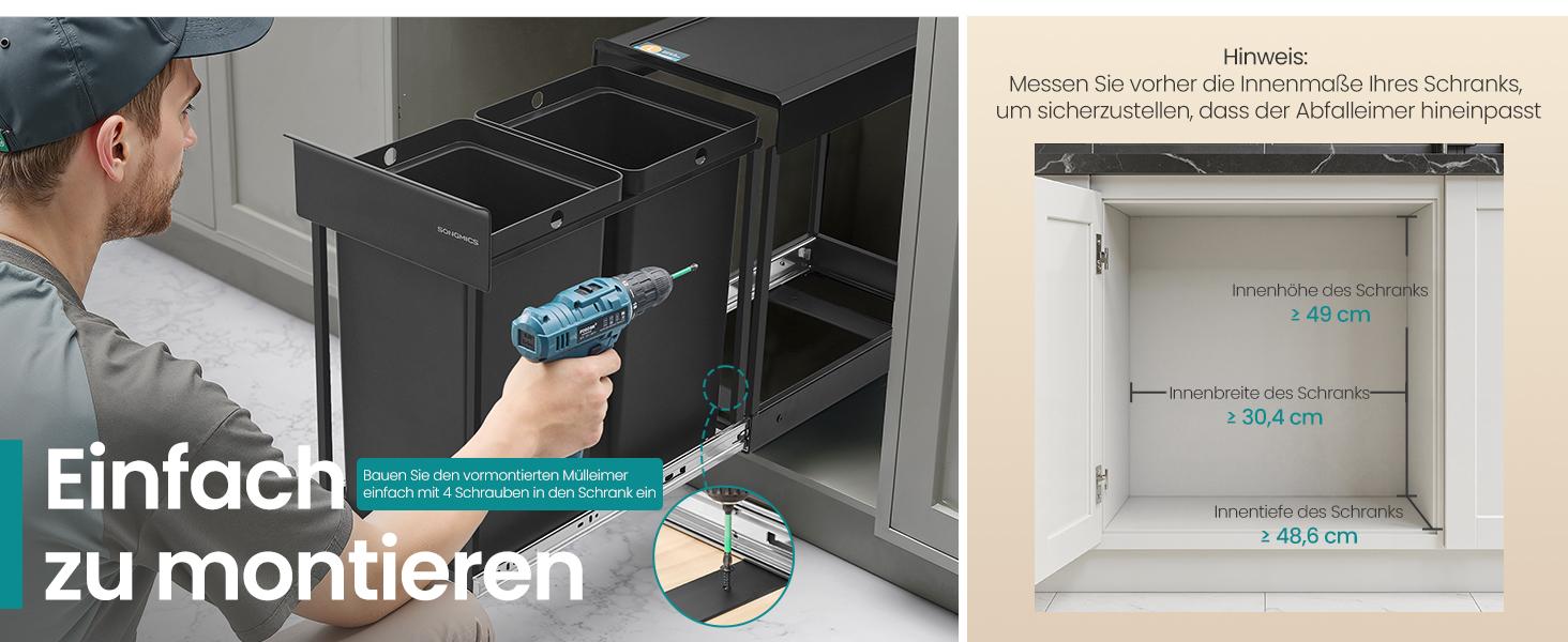 Відро для сміття SONGMICS 2 x 15 л з роздільними відсіками для нижньої шафи, сталевий каркас, ABS-кришка, чорний колір, LTB950B01