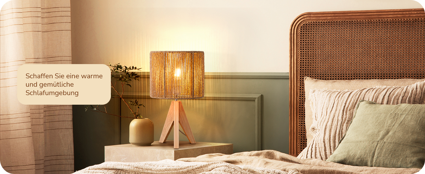 LED настільна лампа EDISHINE з абажуром з ручної роботи та дерев'яною ніжкою, 2700K, тепле біле світло, бохо стиль, для спальні, вітальні, готелю, з лампочкою E27 4W, в'язаний паперовий шнур