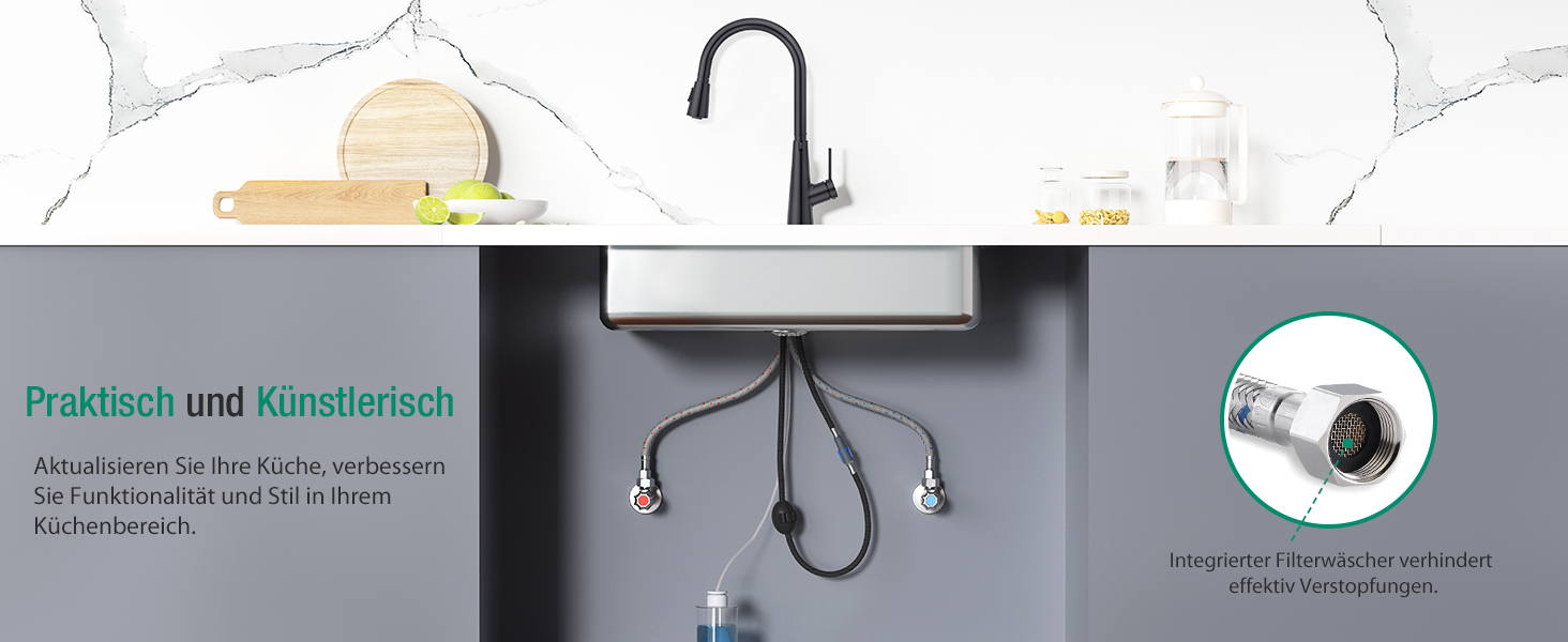 Кран кухонний CREA Wasserfall висувний з дозатором мила, нержавіюча сталь, 360° оберт, 4 режими, матовий чорний