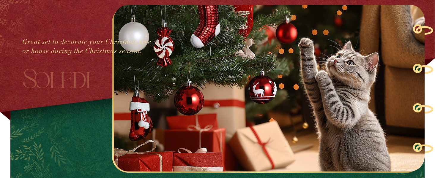 Набір ялинкових прикрас SOLEDI® 128 шт. Преміум якість, червоно-білі пластикові кулі з зіркою та верхівкою - міцний та безпечний набір з петельками. Ялинкові кулі різних кольорів, багаторазовий декор для Різдва.