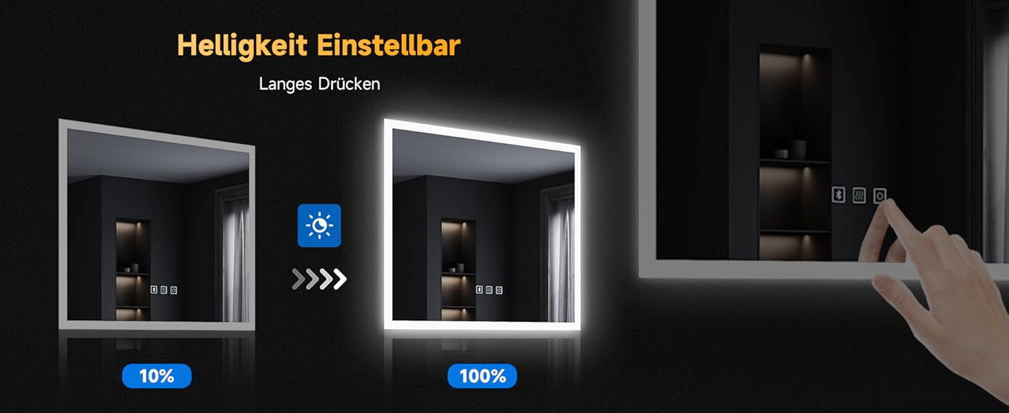 Дзеркало для ванної кімнати SONNI з LED-підсвічуванням, 100 x 60 см, антизапарник, IP44, сенсорне керування, 3 кольори світла, білий