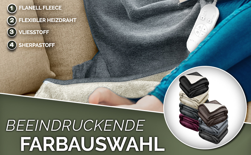Електрична ковдра Sinnlein® з автовимкненням 160 x 120 см | 9 температурних режимів | Ковдра для ліжка та дивана | Таймер, цифрова панель керування (180x130 см, світло-сіра)
