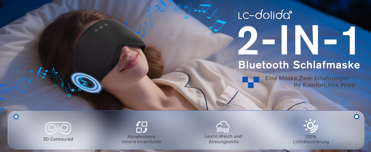 Маска для сну Dolida з Bluetooth навушниками V5.4, 3D контурні подушечки для очей, мікрофон, для бічних положень, подорожей, глибокий чорний колір