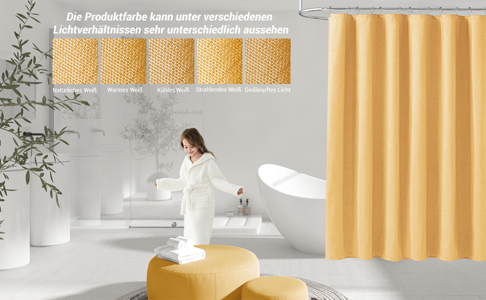 Шторка для душу BTTN, тканинна, 180x200 см, льонова текстура, антигрибкова, миється, з 12 гачками, сучасний дизайн, водовідштовхувальна, з обтяжувачем, для ванни, кремового кольору