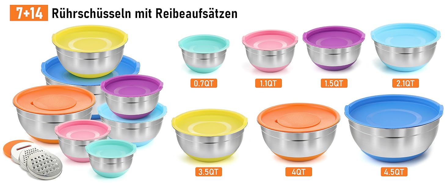 Набір місок для перемішування BEWOS 7 шт. з кришкою, нержавіюча сталь, набір місок з терткою, вкладна конструкція, кольорові нековзні дна, об'єм 4.3, 3.8, 3.3, 2, 1.4, 1, 0.7 л для змішування та подачі