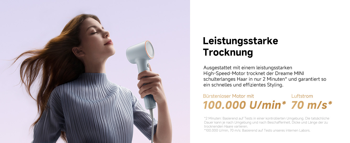Фен DREAME Hair: Швидке сушіння, 110 000 обертів/хв, іонізація, регулювання температури та потужності, насадка-дифузор, тиха робота, білий (блакитний, міні)