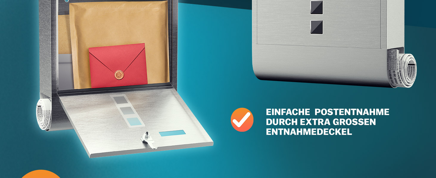 Поштовий ящик Monzana Kreuzschloss з мідним циліндром, поворотна кришка, 31x10x34 см, вікно, табличка для імені, відділ для газет, сталь, 2 ключі, чорно-срібний