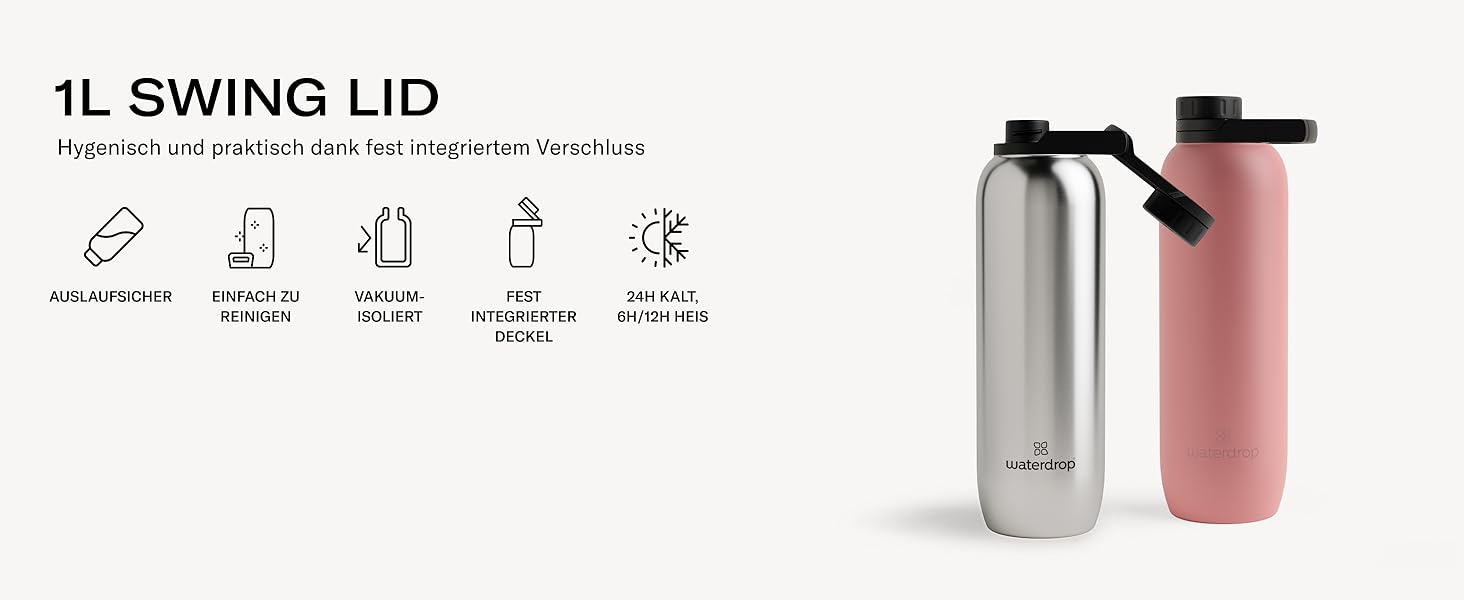 waterdrop® All-Purpose Thermos Flask 1L, insulated stainless steel drinking bottle, 24h cold - 12h hot, leak-proof & shatterproof