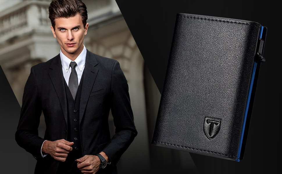 Чоловічий шкіряний гаманець TENBST з RFID захистом, 8 відділень для карток, відділення для монет (Блакитний)