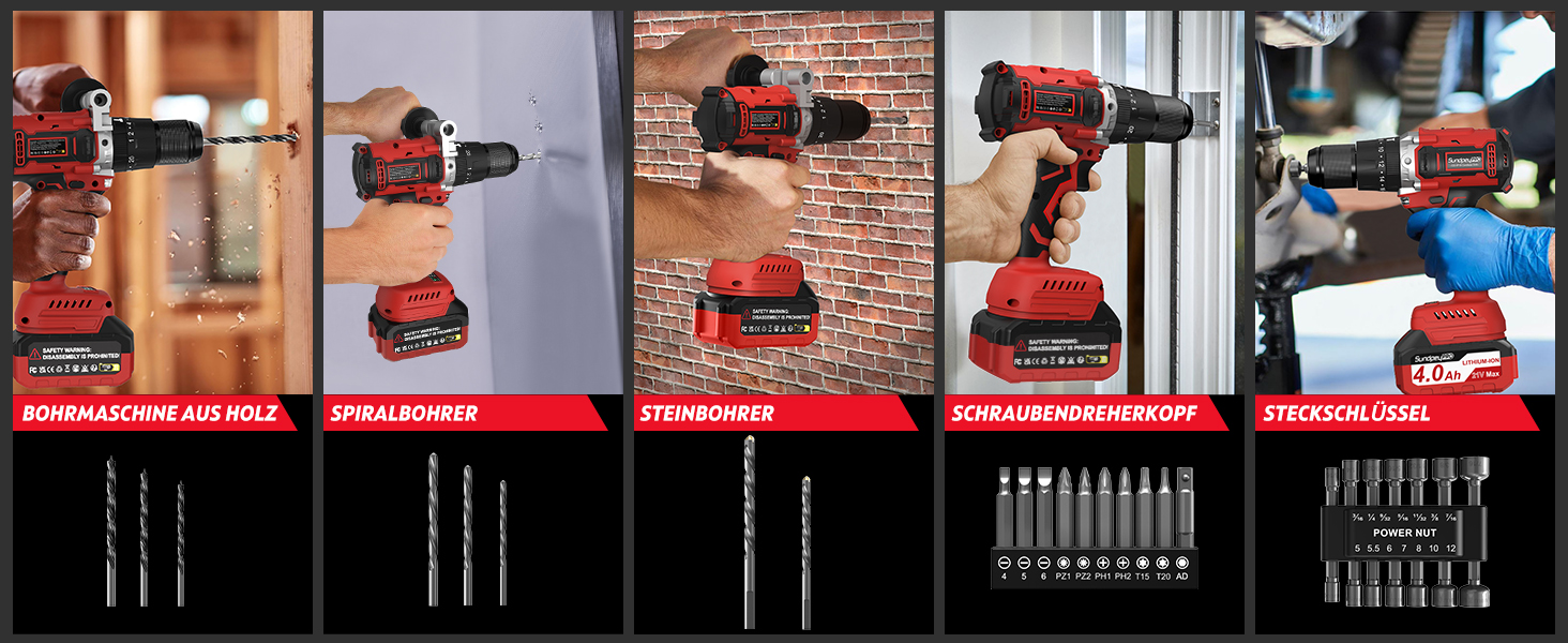 Акумуляторний дриль-шуруповерт SundpeyPRO 21V з перфоратором, 120 Нм, безщітковий двигун, комплект з 2 x 4000mAh акумуляторами, 20+3 ступені крутного моменту, LED-підсвітка