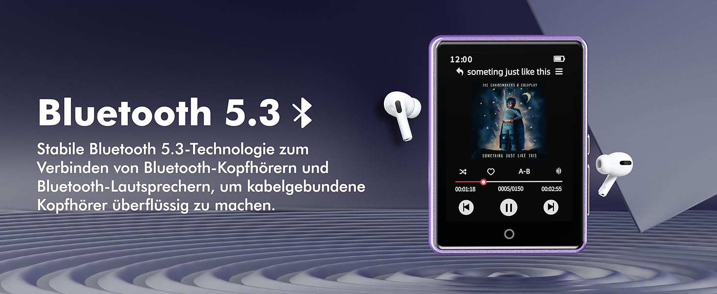 MP3 плеєр дитячий 64GB Bluetooth 5.3 з радіо, радіоприймач, MP4 плеєр, дитячий музичний плеєр з touch screen, розширюється до 128GB, фіолетовий