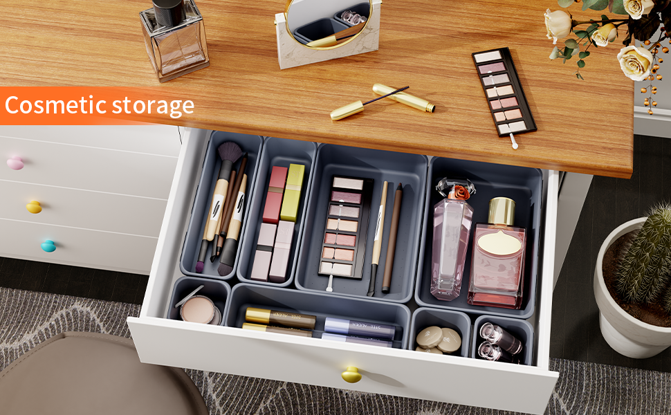 45-Piece Drawer Organizer for Office with 3 Sizes, Vanity Makeup Organizer Drawer, Storage Desk Organizer Drawer System for Kitchen, Bedroom, Bathroom, Office, Grey (4 - Sizes, Grey (25-Piece))