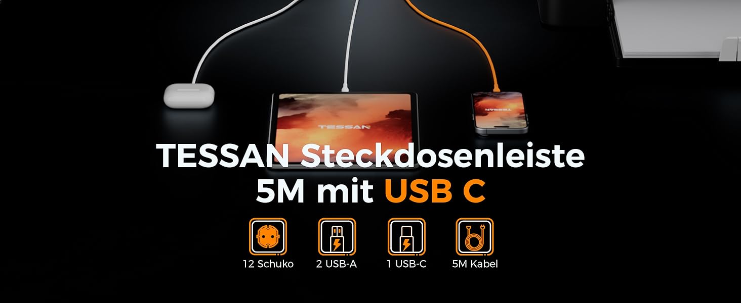 Блок розеток TESSAN із захистом від перенапруги 3600W 16A, 12 розеток з USB-C та 2 USB-A, мережевий кабель 2м, розподільник розеток для дому, сірий