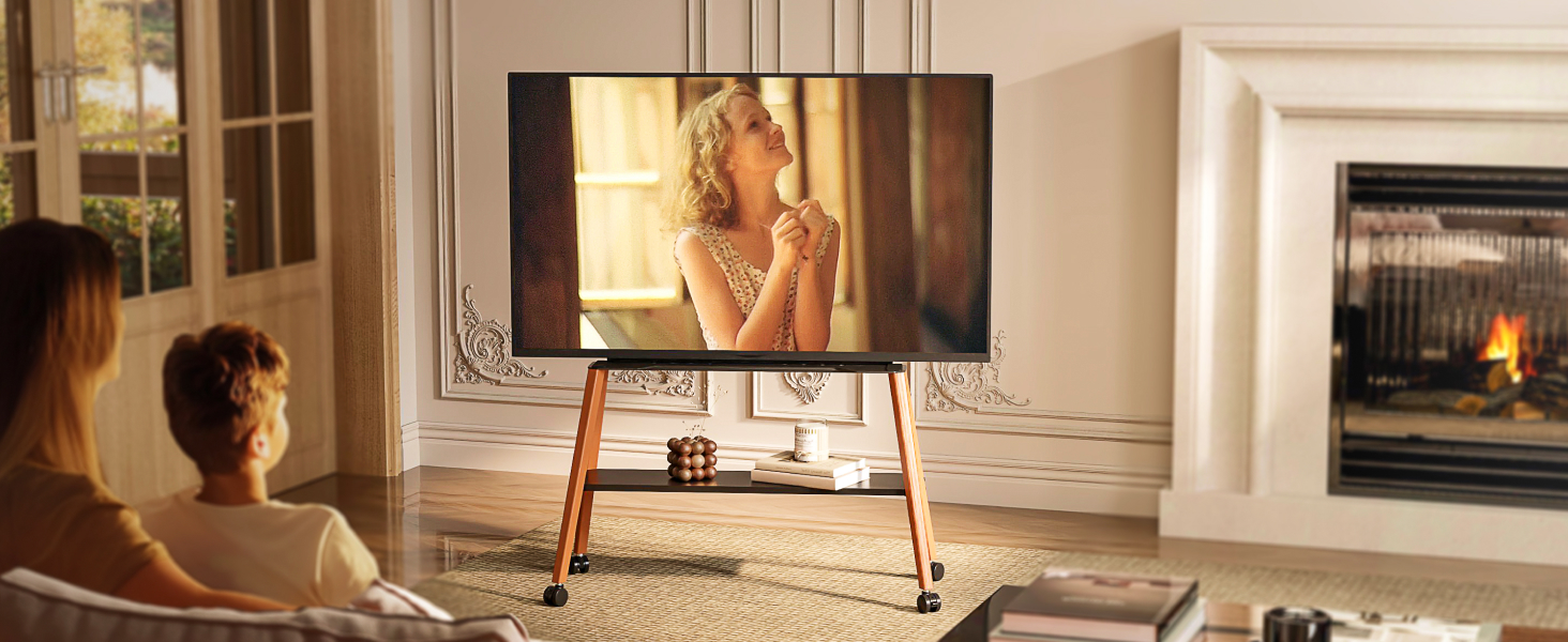 Підставка для телевізора ECOTINY на колесах для 49-75 дюймів, до 40 кг, Easel Design, металева конструкція та полиця з дерева, чорна