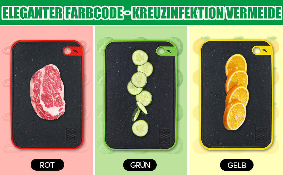 Набір з 3 дощок для нарізання з пластику, кухонні дошки з антибактеріальним покриттям, неслизькі з жолобом для соку та пресом для часнику (червоний, жовтий, зелений)