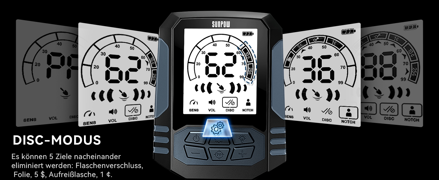 Металошукач SUNPOW для дорослих – водонепроникний, з лопатою, рюкзаком та навушниками, IP68, 11' Dual-D, 35h Li-Akku, 10 рівнів чутливості, 4 режими пошуку, 7-Metall ID, A-Schwarz
