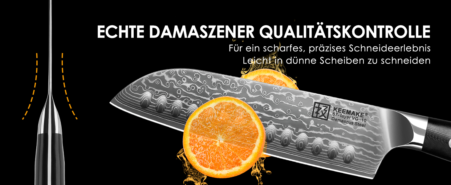 Ніж Santoku Keemake Damastmesser 17.8 см, професійний кухонний ніж з дамаської сталі (67 шарів) для м'яса та риби, ніж для шеф-кухаря 18 см