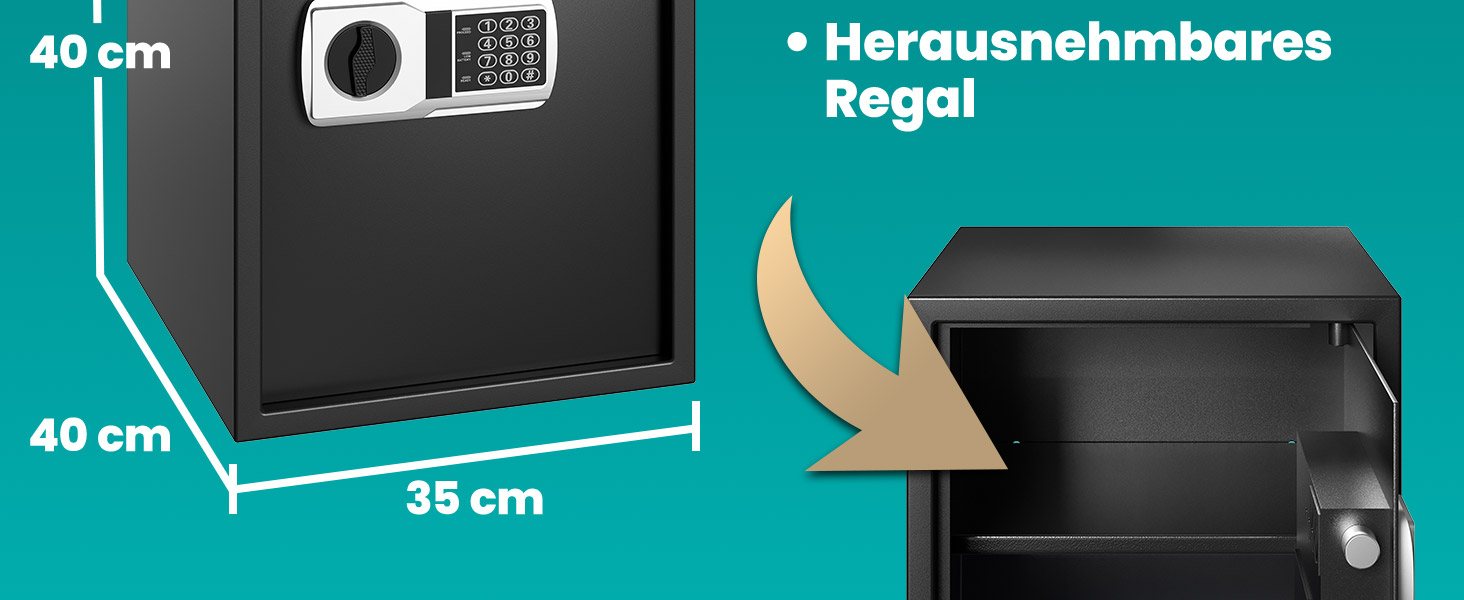 DEUBA® XXL електричний сейф 35x40x40 см, 4 мм, з подвійними сталевими болтами, внутрішнім освітленням, монтажним комплектом. Сейф для документів, меблевий сейф, срібний