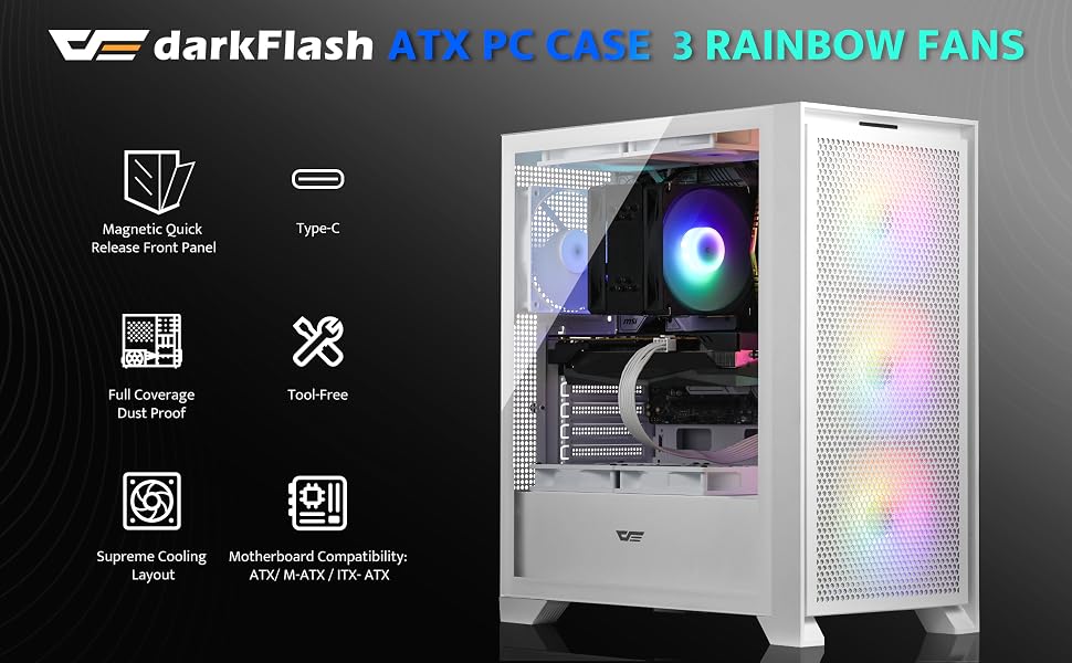 Ігровий корпус darkFlash DRX70 ATX Mid-Tower, 3 RGB-вентилятори 120мм, загартоване скло, сітчаста передня панель, USB 3.0, Білий
