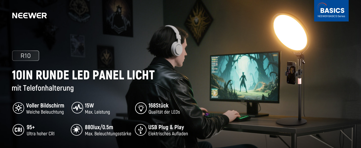 NEEWER кільцева лампа 10.5' з тримачем для телефону, штативом, таймером, 15W, диммування, LED, для iPhone, зйомка, стрімінг, ноутбук, веб-камера, відеоконференції, USB, R10