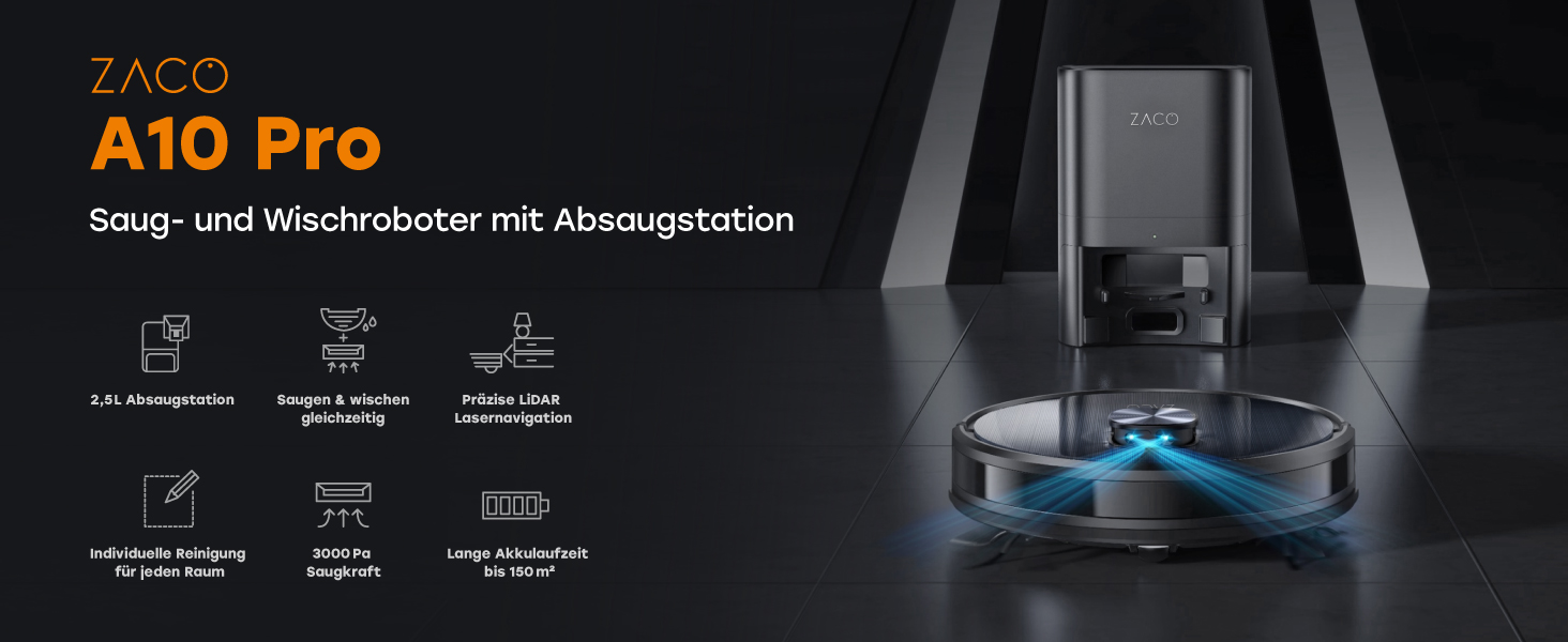 Робот-пилосос ZACO A10 Pro з функцією миття, 2.5л станція зарядки (до 60 днів), лазерна навігація, 3000Pa, 2-в-1 (пилосос та миття), для шерсті тварин, розпізнавання килима, тихий, керування через додаток & Alexa
