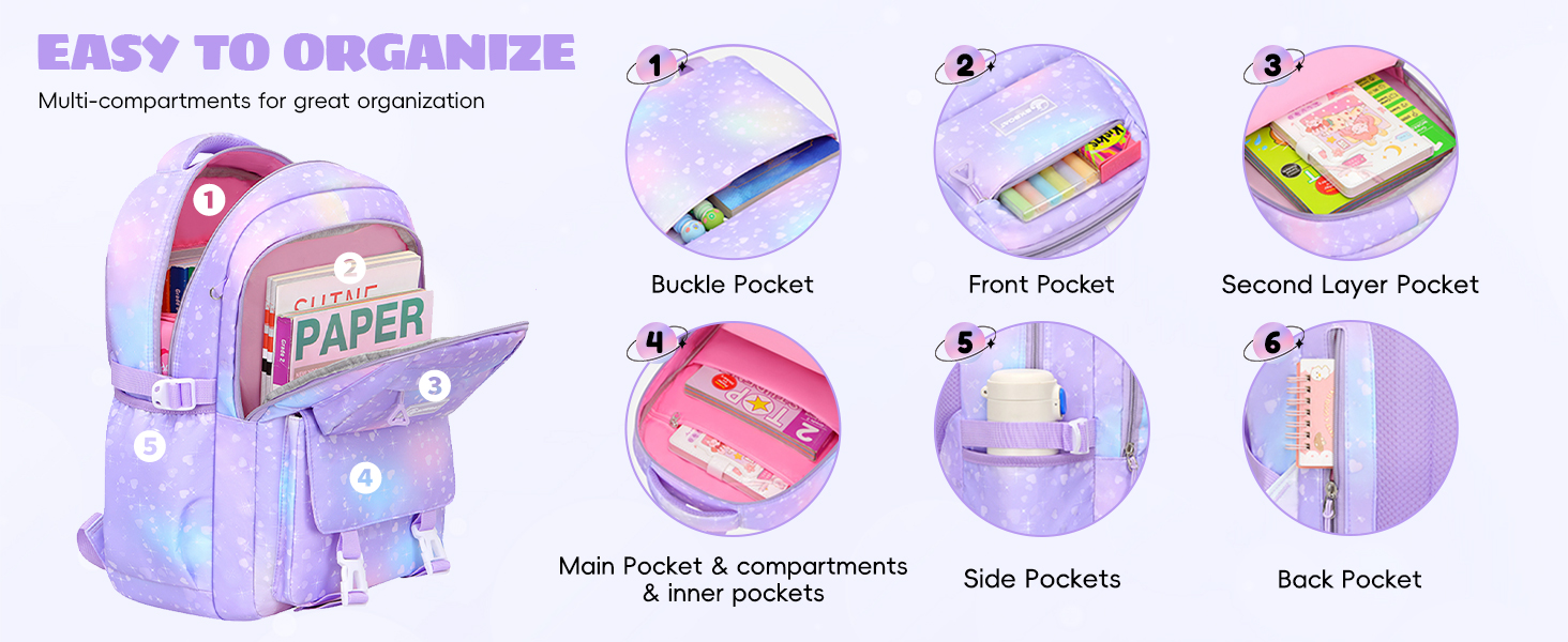 Шкільний рюкзак для дівчинки-підлітка 3 в 1, 2025, з ланч-боксом та пеналом, для ноутбука 15.6', гімназія, старша школа, подорожі - фіолетовий