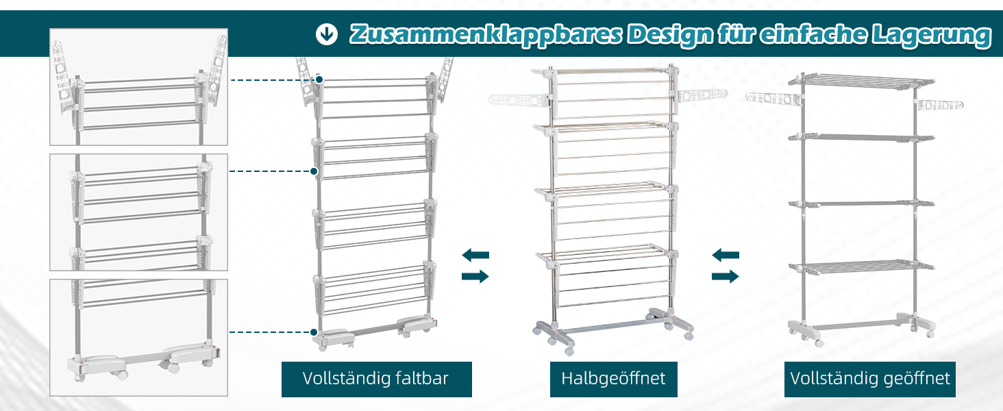 Сушарка для білизни HOMCOM Tower, 4 рівні, з колесами, біла - 142x55x172 см