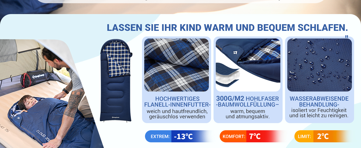 KingCamp Kids Sleeping Bag - Winter Warmth & 3-4 Season Comfort for Camping & Trekking - 170x70cm, 7°C Rating