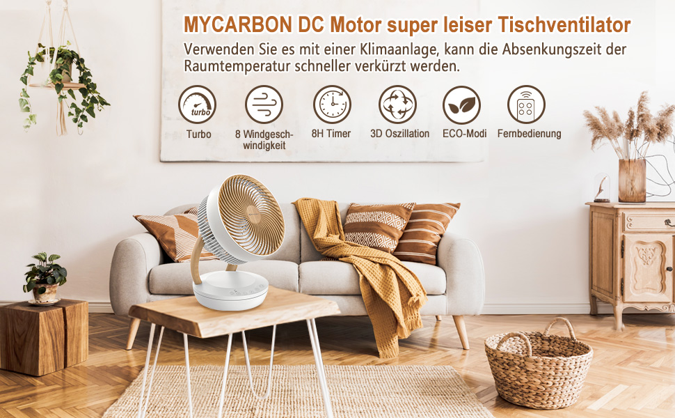 Вентилятор настільний MYCARBON FS05-A з таймером 8 годин, 8 швидкостей, ECO режим, 3D циркуляція повітря (1850 м³/год) для кімнати до 30 м²